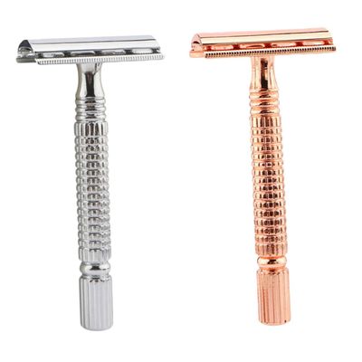 CALLARON 2PCS Double Edged Metal Safety Razor for Men Body Hair with Nonslip Handle Traditional Manual Shaver in Rose Gold and Silver Washable and Resistant Design for Close Smooth Shaving