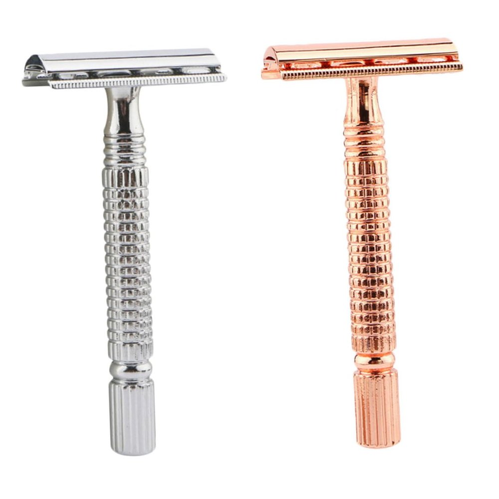 CALLARON 2PCS Double Edged Metal Safety Razor for Men Body Hair with Nonslip Handle Traditional Manual Shaver in Rose Gold and Silver Washable and Resistant Design for Close Smooth Shaving