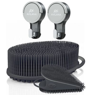 Avilana Body & Face Combo Silicone Scrubber (Dark Gray) + Suction Hook (2-Pack)  2-in-1 Gentle Cleansing, Hygienic, Fast-Drying  No-Drill Storage Solution