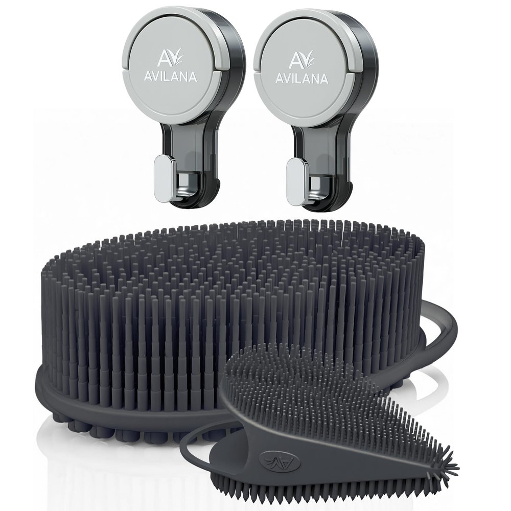 Avilana Body & Face Combo Silicone Scrubber (Dark Gray) + Suction Hook (2-Pack) 2-in-1 Gentle Cleansing, Hygienic, Fast-Drying No-Drill Storage Solution