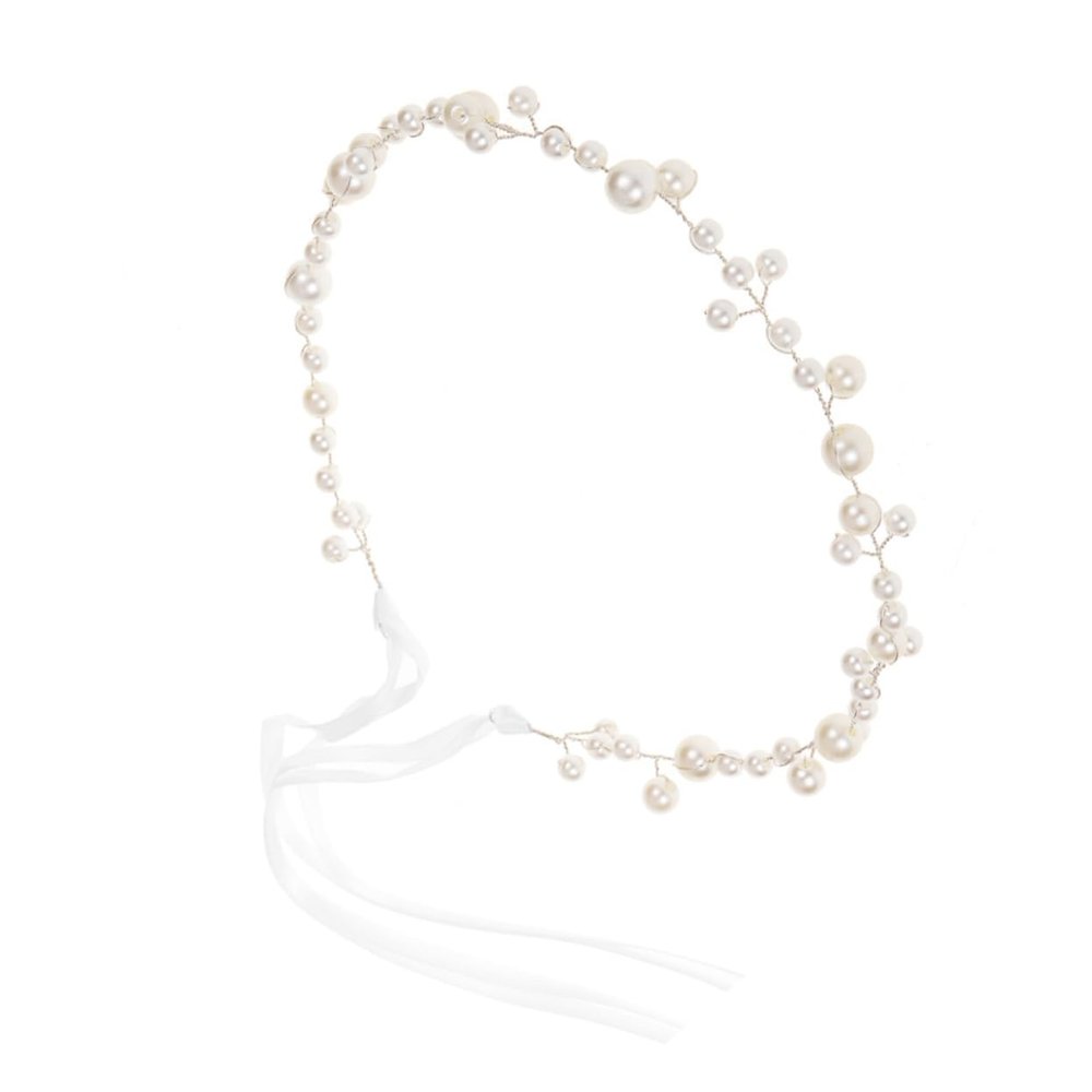 ETHZZLE Pearl Ribbon Wedding Headband Lightweight Bridal Hairband for Women Soft Chain Hair Accessory Chic Simple White Headdress for Brides and Special Occasions
