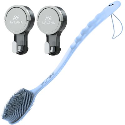 Avilana Long Handle Silicone Body Scrubber + Suction Hook (2-Pack)  19 Extended Reach, Hygienic, Fast-Drying  No-Drill Storage Solution