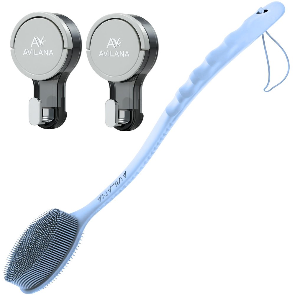 Avilana Long Handle Silicone Body Scrubber + Suction Hook (2-Pack) 19 Extended Reach, Hygienic, Fast-Drying No-Drill Storage Solution