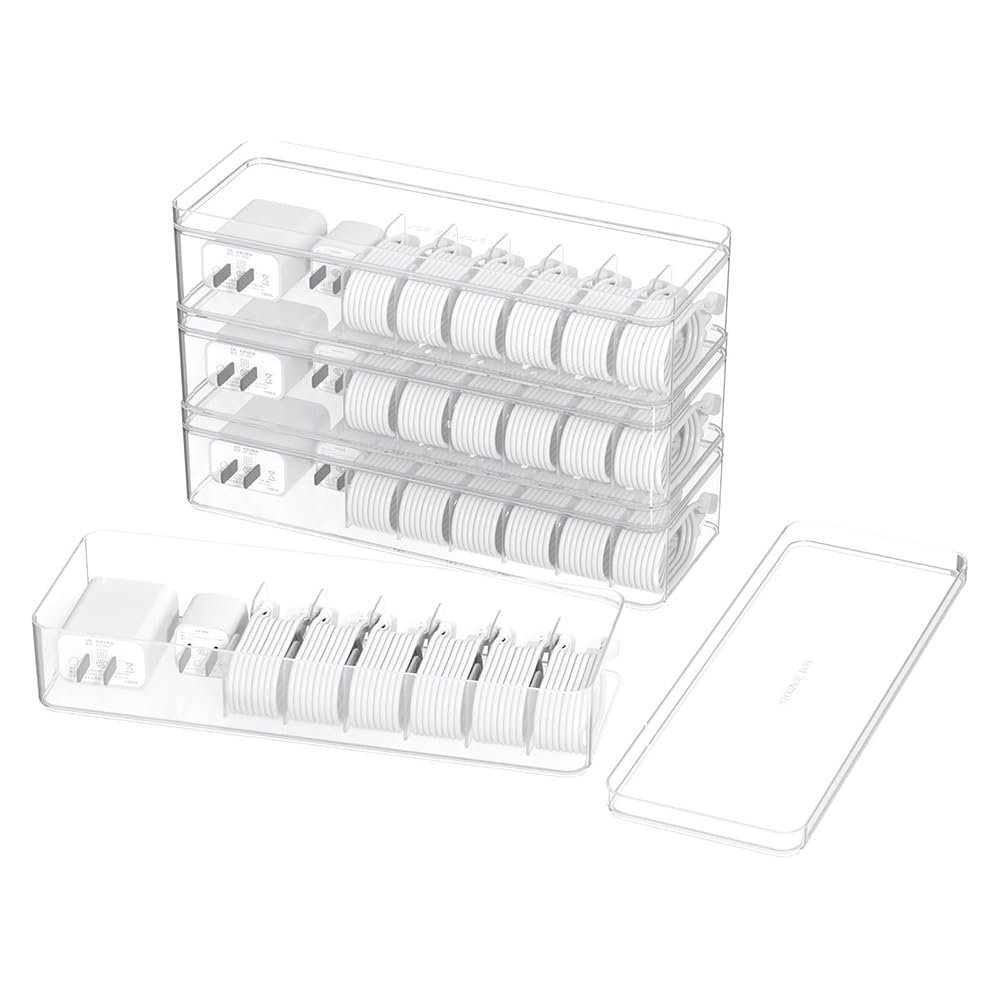 FURUIM2024M 4PCS Divided Organizer Box Clear Plastic Storage Box with Lid For Desktop Cables/Jewelry/Stationery/Small Parts Organizer