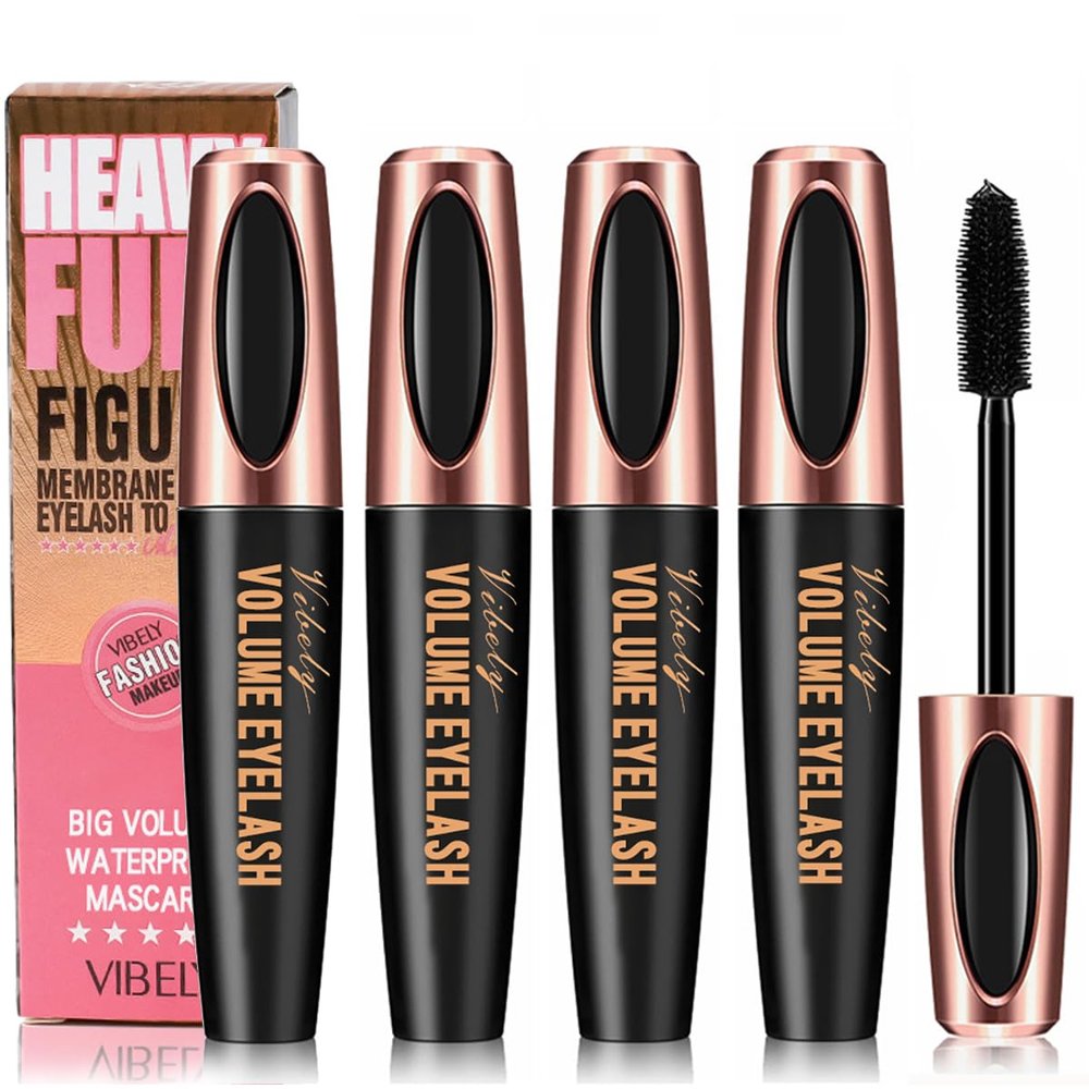 Silk Fiber Lash Mascara Smudge-Proof Extension Voluminous Fiber Mascara Natural & Waterproof Long-Lasting No Flaking/No Clumping (4 Packs)
