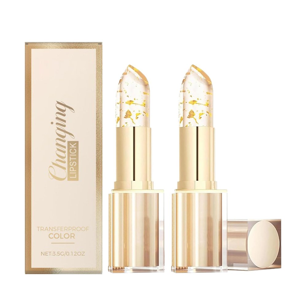 2PCS Color Changing Lipstick-Transferproof, Gold Crystal PH Activated Clear Lipstick Temperature Lip Balm for Lip Gloss, Long Lasting Moisturizing Lip Glow for Women,Non Sticky, Valentines Day Gifts