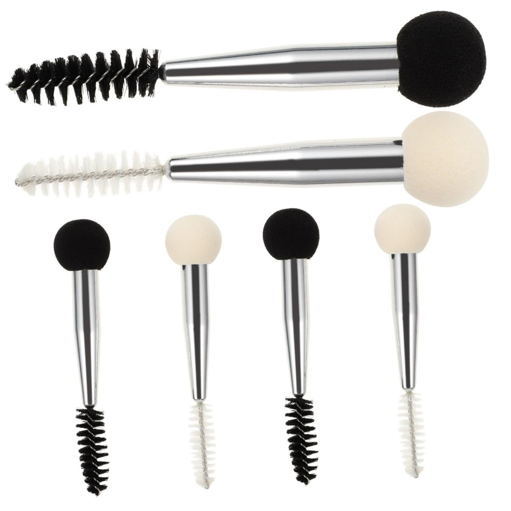 FOMIYES 6Pcs Dual Ended Makeup Sponge Brush with Mascara and Eyebrow Applicators for Foundation Powder and Lash Styling White Black with Silver Handle for Womens Makeup Application