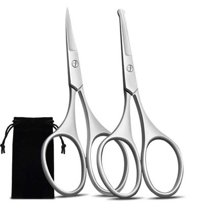Facial Hair Scissors for Men Women - Eyebrow, Nose Hair, Beard, Eyelashes, Moustache, Ear Hair Trimming Kit, Curved and Rounded Safety Tips-2PCS Silver