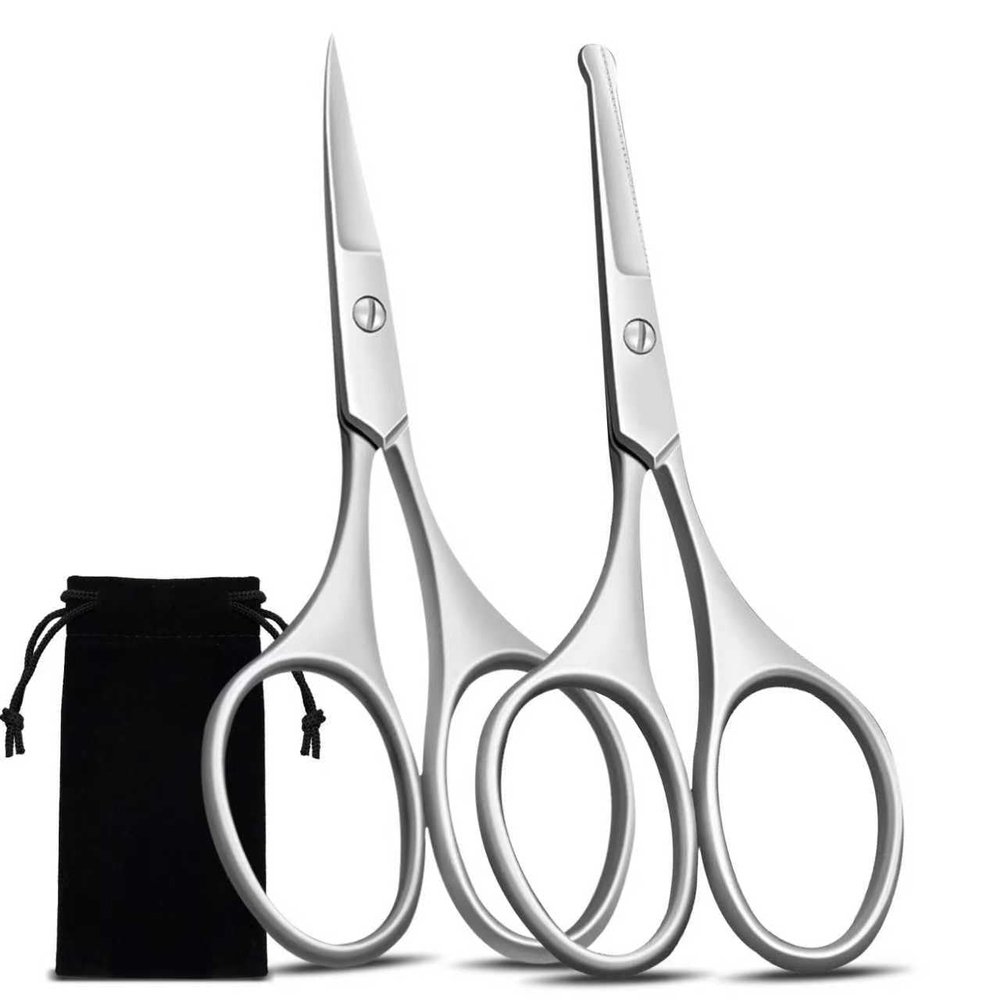 Facial Hair Scissors for Men Women - Eyebrow, Nose Hair, Beard, Eyelashes, Moustache, Ear Hair Trimming Kit, Curved and Rounded Safety Tips-2PCS Silver