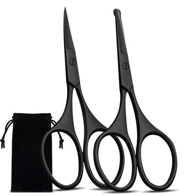Facial Hair Scissors for Men Women - Eyebrow, Nose Hair, Beard, Eyelashes, Moustache, Ear Hair Trimming Kit, Curved and Rounded Safety Tips-2PCS Black