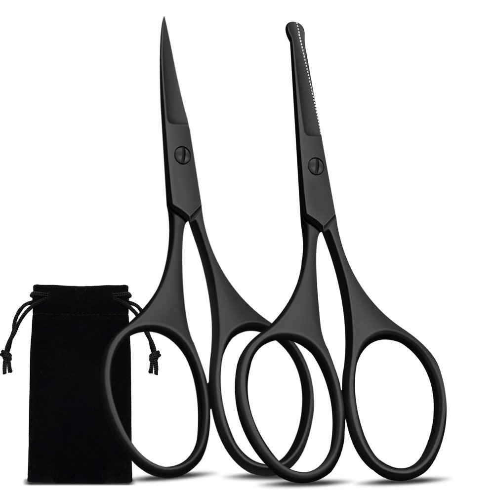 Facial Hair Scissors for Men Women - Eyebrow, Nose Hair, Beard, Eyelashes, Moustache, Ear Hair Trimming Kit, Curved and Rounded Safety Tips-2PCS Black
