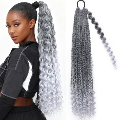 Boho Goddess Box Braid Ponytail 24 Inch Wrap Around Elastic Tie Ponytail Extension for Black Women Daily Wear Natural Black Wavy Ends Protective Style (T1B-Gray#, 24 inch)