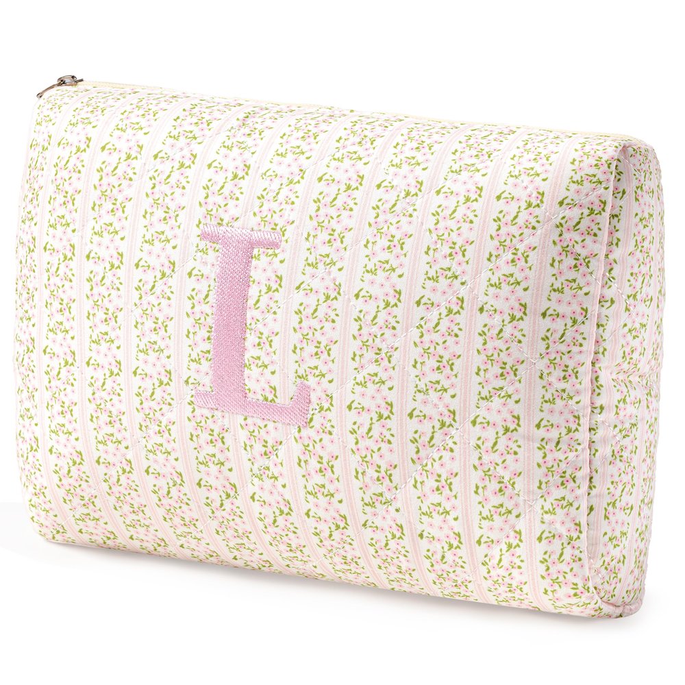 HBselect Initial Quilted Makeup Bag, Pink Cosmetic Travel Toiletry Bag, Flowers Coquette Zipper Make Up Pouch Organizer Teen Girl Gift Trendy Stuff L