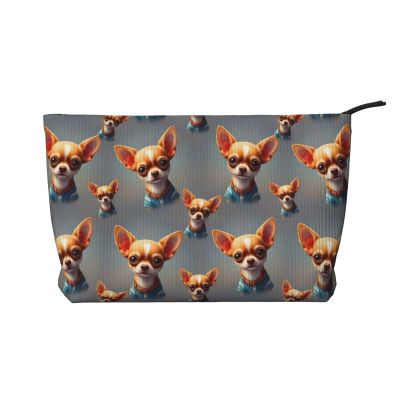 BESCHOC Makeup Bag Large Zipper Corduroy Make Up Pouch for Purse cute funny chihuahua dog Travel Cosmetic Organizer for Women Brush Storage