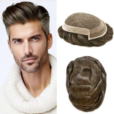 Healthlif Hairpieces Mens Toupee Human Hair Replacement System Natural Lace Front Toupee for Men Lace Poly Men's Hair Pieces Systems Protesis Capilar 6''X9'' #520 Medium Light Brown+20% Gray