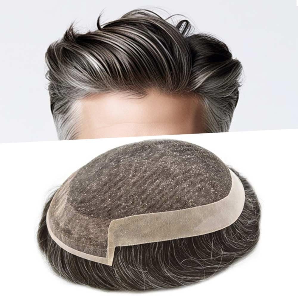 Healthlif Hairpieces Mens Toupee Human Hair Replacement System Natural Lace Front Toupee for Men Lace Poly Coated Men's Hair Pieces Systems Protesis Capilar 6''X8'' #310 Dark Brown+10% Gray