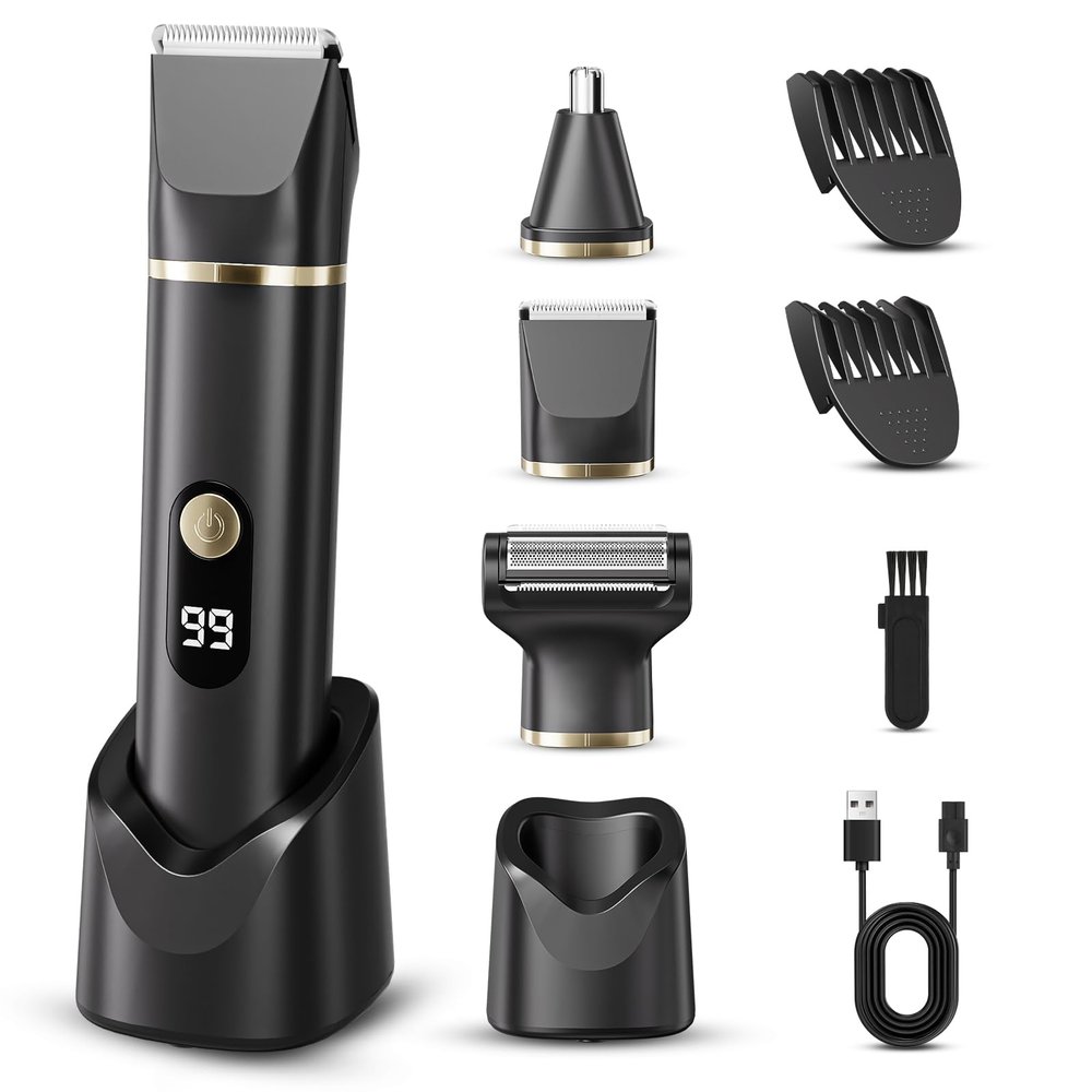 tiovara Body Hair Trimmer for Men, IPX7 Waterproof Electric Razor Shaver 3 in 1 Body Grooming Kit with USB Charge Dock for Mustache Nose Hair Ball Pubic Hair Groin