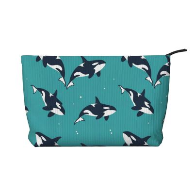 Killer Whale Orca Corduroy Cosmetic Organizer Zippered Travel Toiletry Bags Capacity Makeup Storage for Women