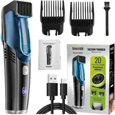 Electric Hair Clipper, Vacuum Beard Trimmer for Men with Adjustable Comb, Waterproof Electric Trimmer Kit - 20 Length Settings, Built-in Hair Suction, USB Rechargeable for Sideburns & Mustache (Blue)