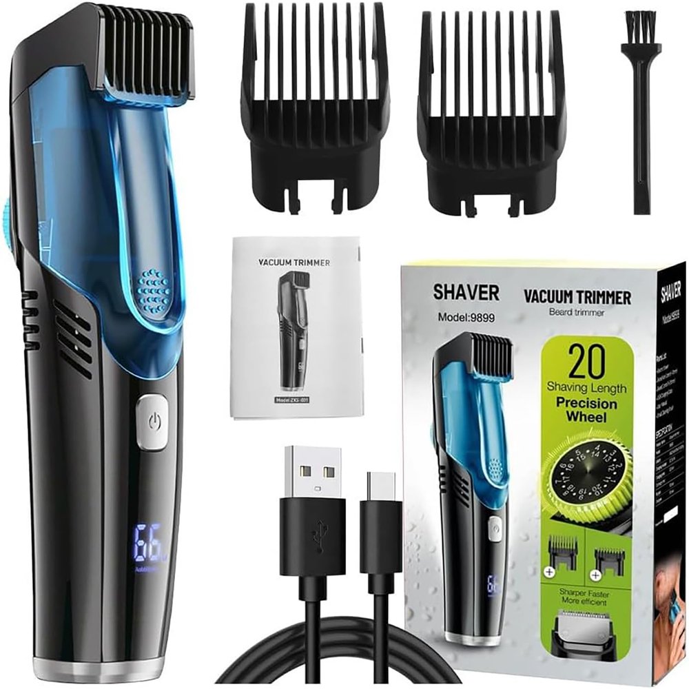 Electric Hair Clipper, Vacuum Beard Trimmer for Men with Adjustable Comb, Waterproof Electric Trimmer Kit - 20 Length Settings, Built-in Hair Suction, USB Rechargeable for Sideburns & Mustache (Blue)