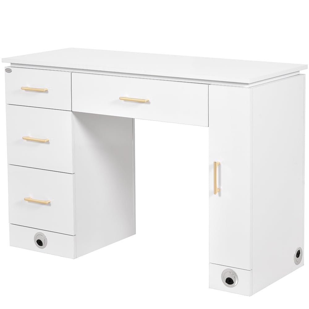 Dir Manicure Station Professional Salon Spa Nail Table Avalon in White/Gold Hardware