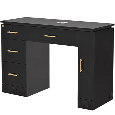 Dir Manicure Station Professional Salon Spa Nail Table with Ventilation Kit Avalon in Black/Gold Hardware