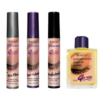 Viral! Prsa Mascara (Maxi Volumen + Profesional + Microfibras) + Oil Set of 4 Piece Bundle - Waterproof Makeup - Alargadora + Volumen + Efecto Extensiones + Aceite Pestanas