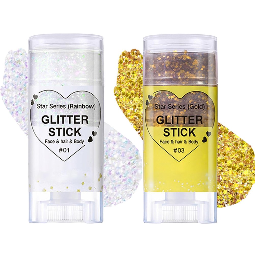 2Pcs Body Glitter Gel,Silver Gold Chunky Sparkling Glitter Stick,Waterproof Lasting Sparkling Body Gel Sequins,Face Hair Nail Festival Glitter Make Up for Halloween Birthday Makeup Party