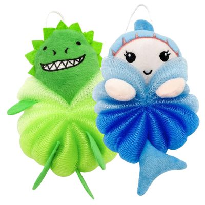 Baluue 2Pcs Bath Loofahs Cartoon Body Scrubbers Sponges for Skin Friendly Cute Dinosaur Mermaid Design