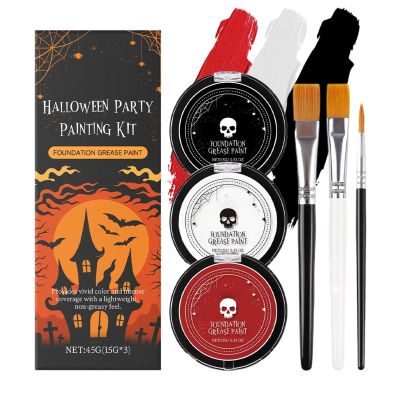 Halloween Makeup - White Foundation Black Red Paint with Brushes for Face Body | Long Lasting Pigments Halloween Makeup Set for Stage Performance Themed Party Women Men