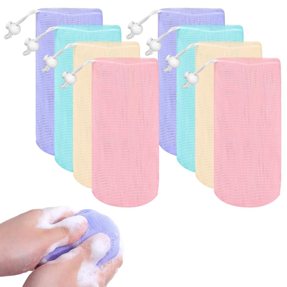 8 Pcs Mesh Soap Bags, Bar Soap Saver Bags, Bubble Foaming Nets Pocket with Drawstring for Facial Cleaning Body Wash (Multicolor)