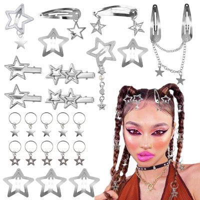 24PCS Silver Star Hair Clips Hair Cuffs Rings Metal Star Barrettes 10 Shapes Pentagram Y2k Barrettes for Women 2000s Hair Accessories for Girls(Silver)
