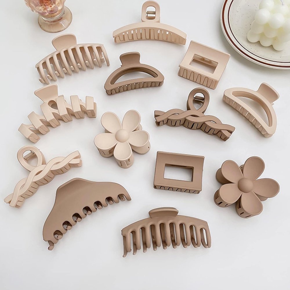 11 Piece Hair Claw Clips Set, Matte Finish Large Medium Small Sizes, Strong Metal Spring, Interlocking Design, Coffee Color