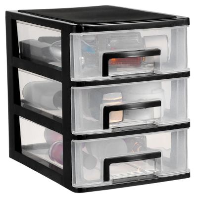 Healifty Three-Tier Plastic Makeup Storage Box with Drawer Design Black
