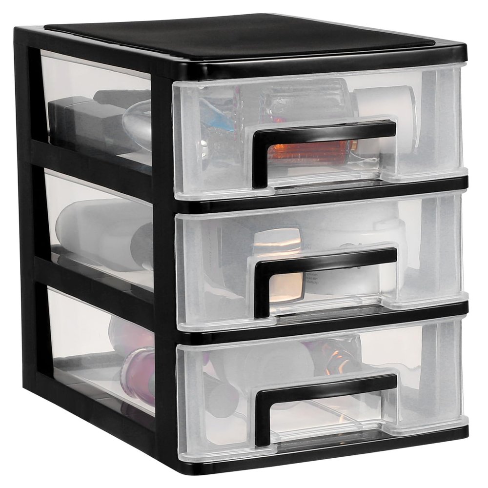 Healifty Three-Tier Plastic Makeup Storage Box with Drawer Design Black