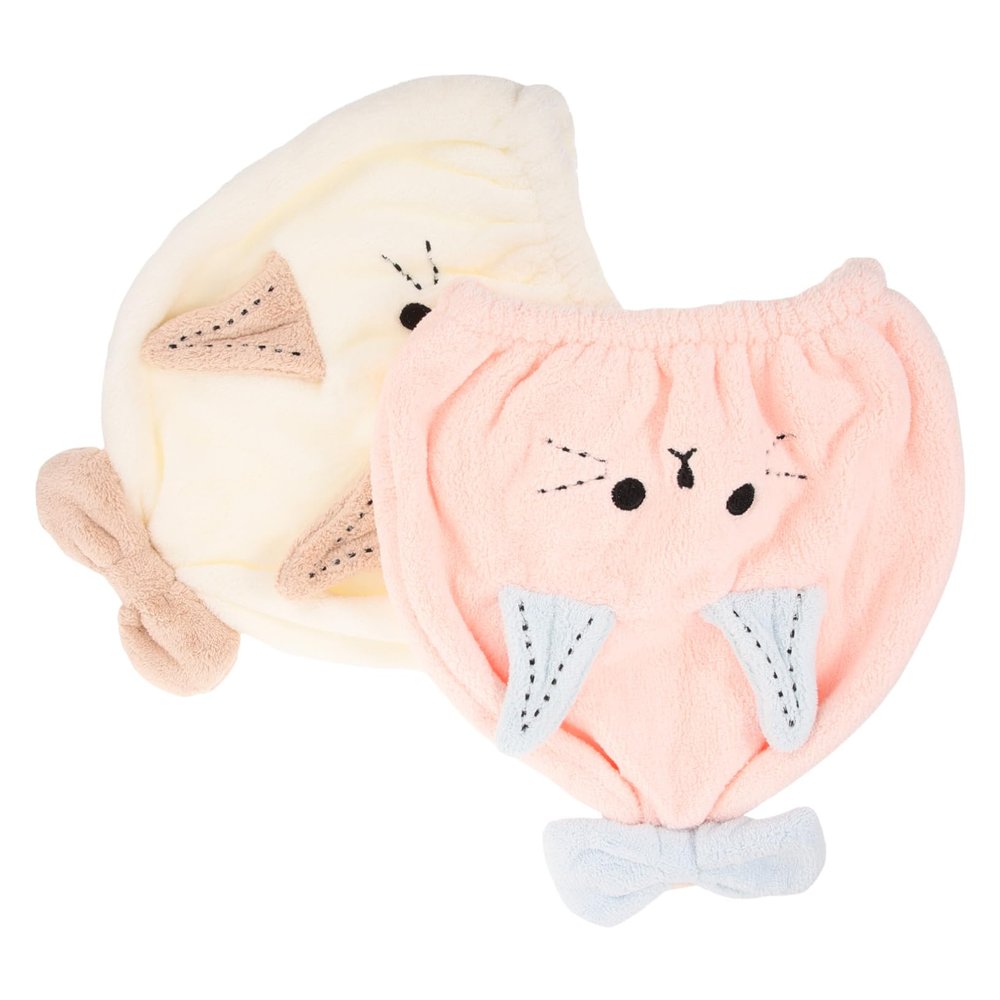ABOOFAN 2PCS Cartoon Coral Hair Drying Caps for Women Water Absorbent Fast Drying Shower Towels with Lovely Bowknot and Ears Soft Microfiber Hair Wraps for Bath and Gym White Pink