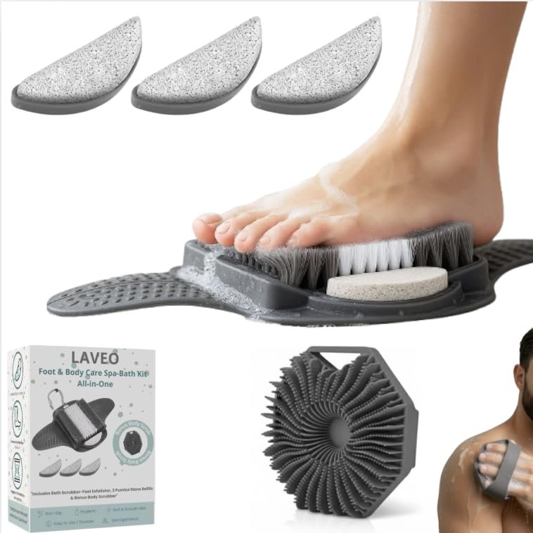 LAVEO Foot & Body Spa-Bath Kit All-in-One  Foot Brush with Built-In Pumice Stone, 3 Replacement Stones, Bonus Silicone Body Brush, Callus & Dead Skin Remover, Non-Slip Mat