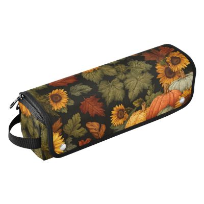 CuwrYet Hair Tools Travel Bag Heat Resistant Mat Holder Curling Iron Organizer Flat Iron Storage Case For Women Portable Pouch Black Sunflowers and Leaves