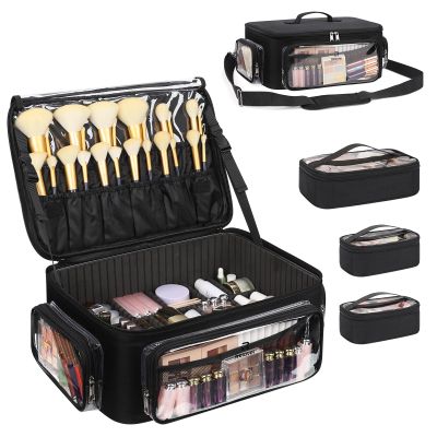 Bagmoly Large Makeup Case Cosmetic Organizer Box Brush Holder, Travel Makeup Train Case with 3 Clear Bags, Professional Makeup Artist Bag Cosmetic Case with Adjustable Dividers and Shoulder Strap