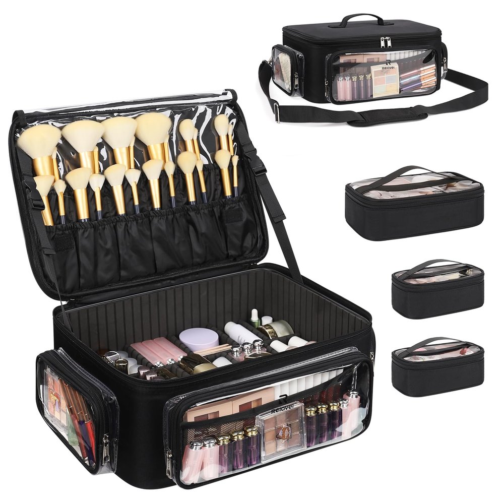 Bagmoly Large Makeup Case Cosmetic Organizer Box Brush Holder, Travel Makeup Train Case with 3 Clear Bags, Professional Makeup Artist Bag Cosmetic Case with Adjustable Dividers and Shoulder Strap