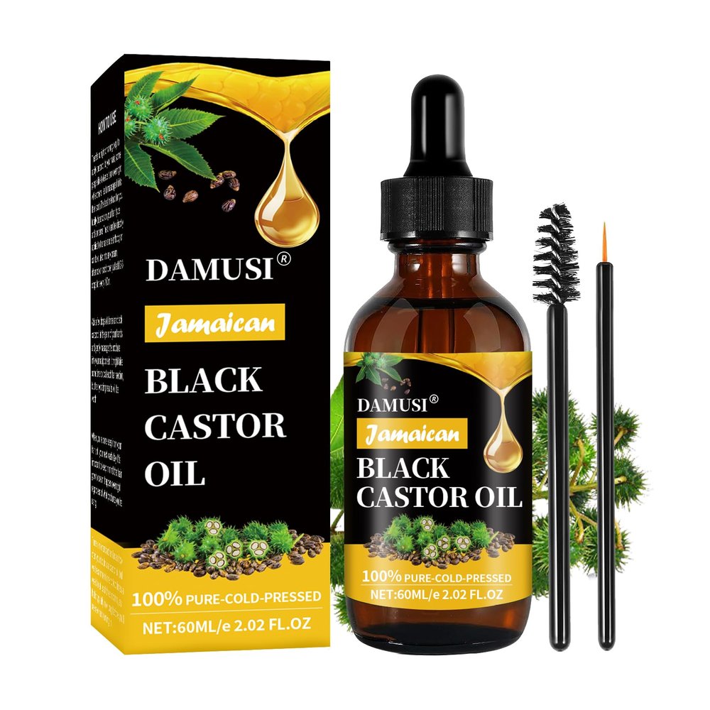 DAMUSI Jamaican Black Castor Oil, Organic Cold Pressed Unrefined Glass Bottle Natural Pure Organic Black Castor Oil for Hair Growth Eyelashes Eyebrows Skin Care Oil 2.02 Fl Oz