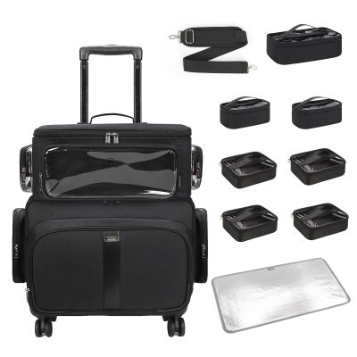 Rolling Makeup Train Case with Large Makeup CaseProfessional Makeup Artist Traveling Bag with 7 Small Clear Bags, Cosmetology Case on Wheels, Adjustable Dividers for Cosmetics Makeup Brushes Toiletry