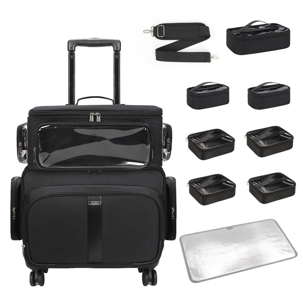 Rolling Makeup Train Case with Large Makeup CaseProfessional Makeup Artist Traveling Bag with 7 Small Clear Bags, Cosmetology Case on Wheels, Adjustable Dividers for Cosmetics Makeup Brushes Toiletry