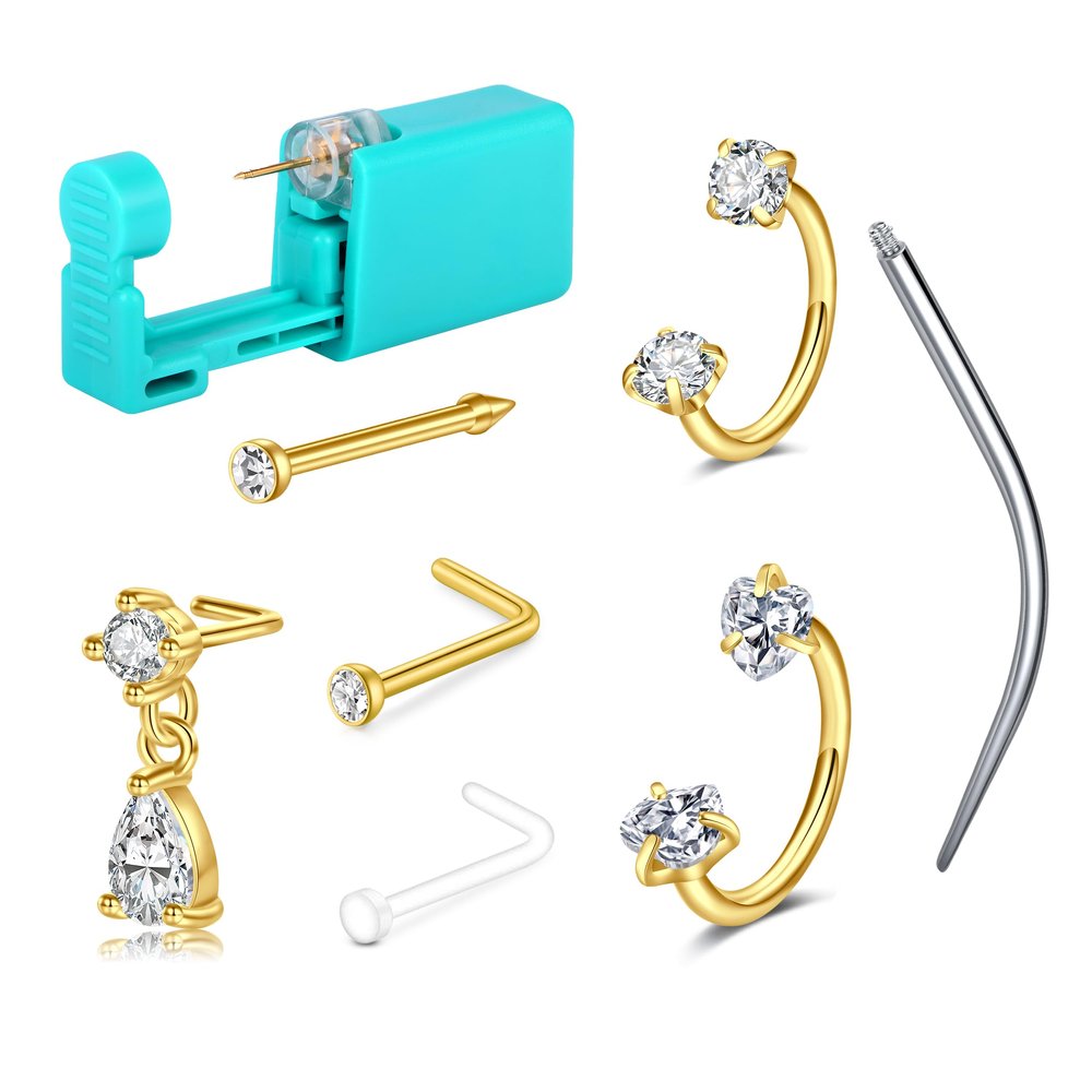 AVYRING Nose Piercing Kit Gold Horseshoe Nose Ring 18g Nose Piercing Gun Surgical Steel Nostril Piercings Kit with Rings & Nose Studs Dangling Nose Piercing Kits Disposable at Home Septum Rings