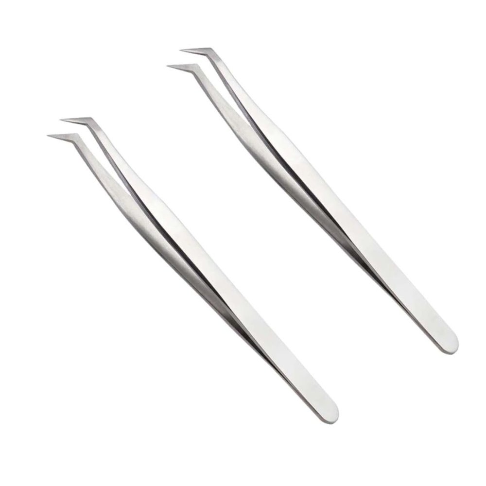 2Pcs Grafting Eyelashes Tweezer Fine Pointed Silver Metal Makeup Tools