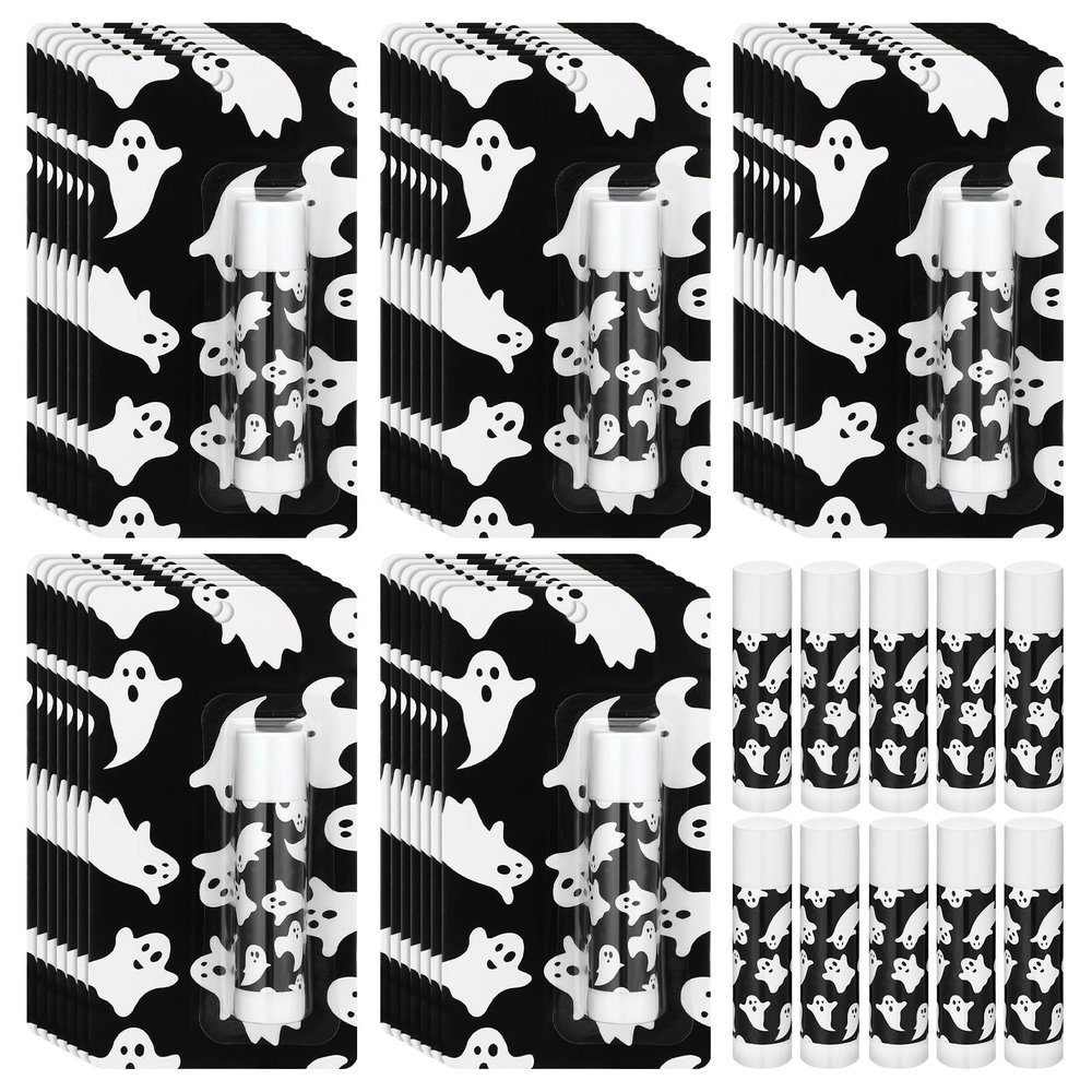 Heigble 24 Pcs Halloween Ghost Lip Balms Bulk, Party Favors, Black