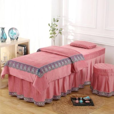 Massage Table Sheets Pink,80x190cm/31.4x74.8in,4 Pieces Set Lace with Holes,Solid Color Beauty Bed Cover Elastic Pillowcase Reusable Stool Cover Quilt
