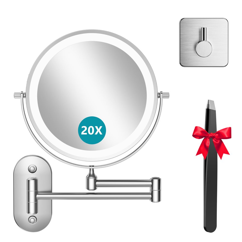 1X/20X Double Sided Wall Mounted Magnifying Mirror with 360 Rotation & 3 Lighting Color, 3200mAh Rechargeable Bathroom Mirror and Adhesive Hooks Heavy Duty 30lb(Max), 5 Pack Wall Hooks