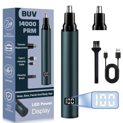 BUV Nose Hair Trimmer for Men with LED Display- 2025 Professional Painless Ear Hair Trimmers for Women, USB Rechargeable Nose Hair Trimmer Clipper  14,000 RPM IPX7 Waterproof Dual Edge Blades, Blue