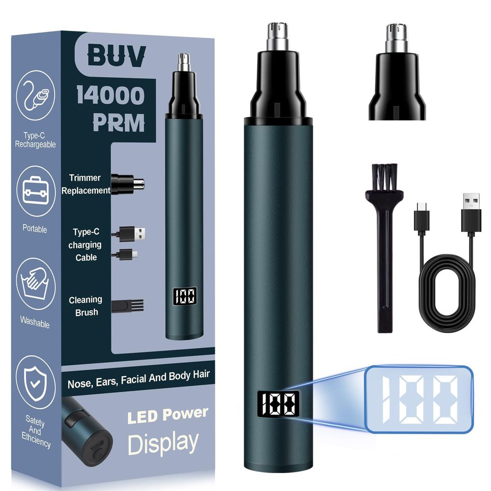 BUV Nose Hair Trimmer for Men with LED Display- 2025 Professional Painless Ear Hair Trimmers for Women, USB Rechargeable Nose Hair Trimmer Clipper 14,000 RPM IPX7 Waterproof Dual Edge Blades, Blue